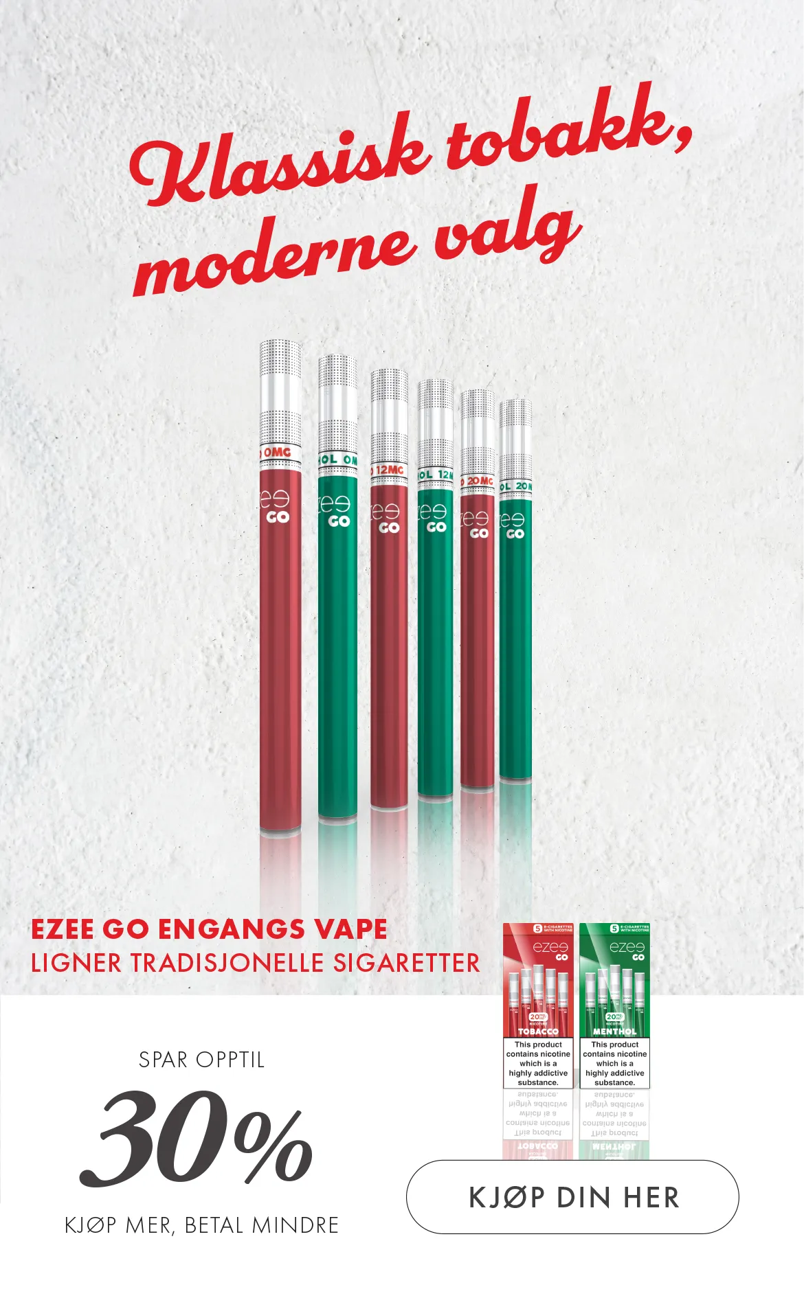 Ezee engangs vape engangs e sigarett tobakk menthol Norge med uten nikotin