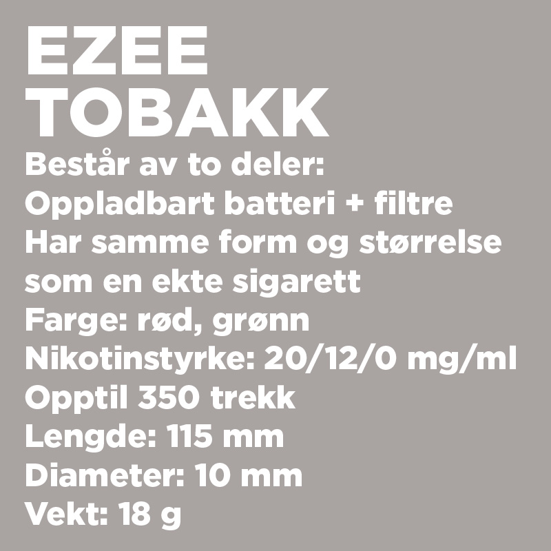ezee e-sigarett startpakke tobakk 12mg nikotin 3 filter oppladbart batteri