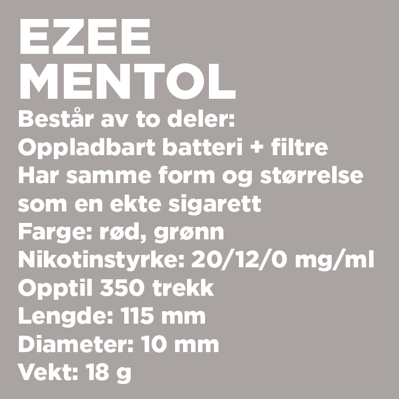 ezee e-sigarett startpakke mentol 20mg nikotin 3 filter oppladbart batteri