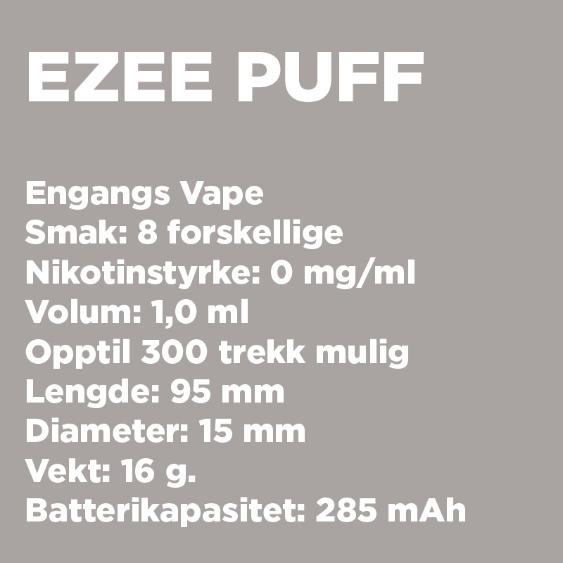 engangs e-sigarett ezee puff tobakk 300 puffs nikotinfri